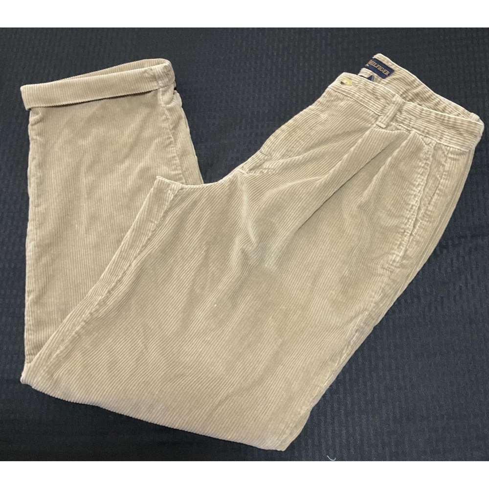 VINTAGE Tommy Hilfiger Pants Mens 30x29 Beige Pleated Corduroy Relaxed Fit Chino